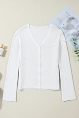 White Lightweight Ribbed Knit Button Front V Neck Cardigan Cardigans JT's Designer Fashion