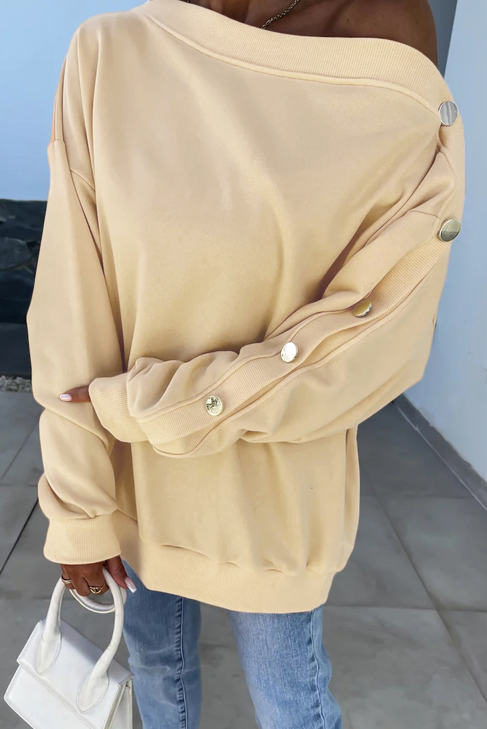 Beige Buttoned Sleeve Dropped Shoulder Sweatshirt Sweatshirts & Hoodies JT's Designer Fashion