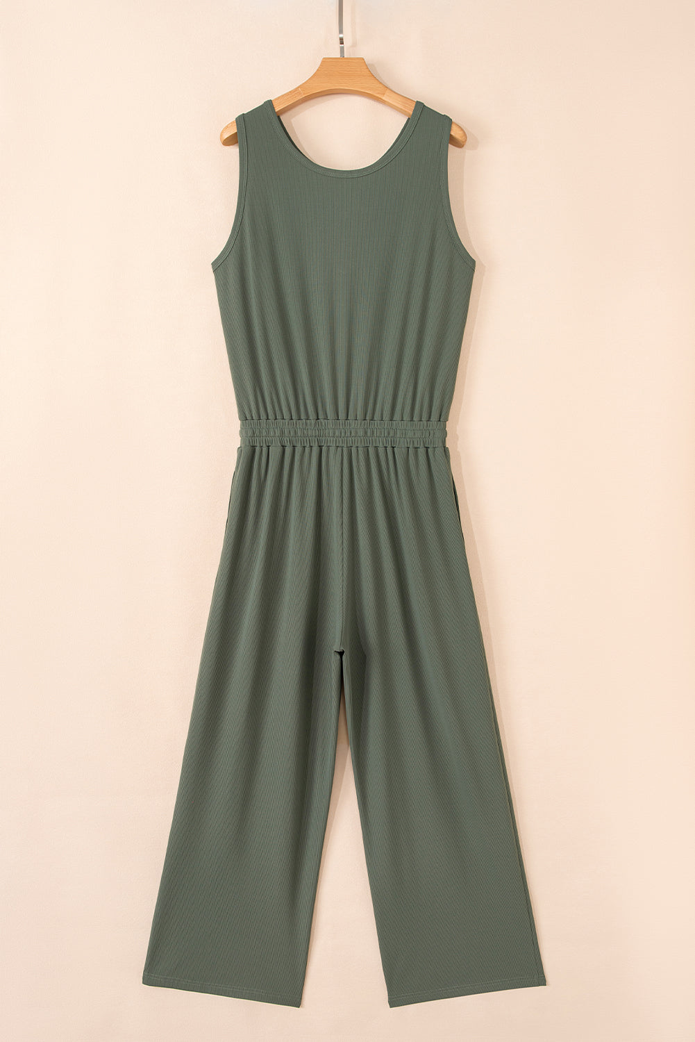Vineyard Green Buttoned Drawstring Waist Sleeveless Wide Leg Jumpsuit Jumpsuits & Rompers JT's Designer Fashion