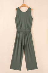 Vineyard Green Buttoned Drawstring Waist Sleeveless Wide Leg Jumpsuit Jumpsuits & Rompers JT's Designer Fashion