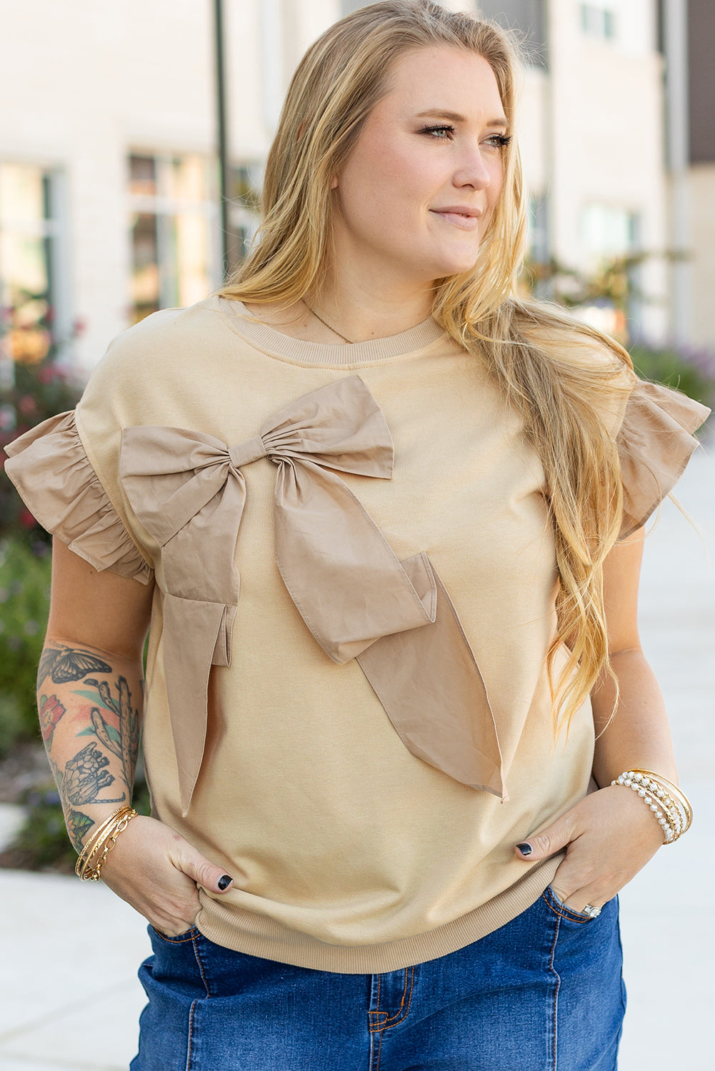 Parchment Ruffled Short Sleeve Bowknot Applique Crew Neck Plus Size Top Parchment 80%Polyester+20%Cotton Plus Size Blouses & Shirts JT's Designer Fashion