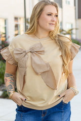 Parchment Ruffled Short Sleeve Bowknot Applique Crew Neck Plus Size Top Parchment 80%Polyester+20%Cotton Plus Size Blouses & Shirts JT's Designer Fashion