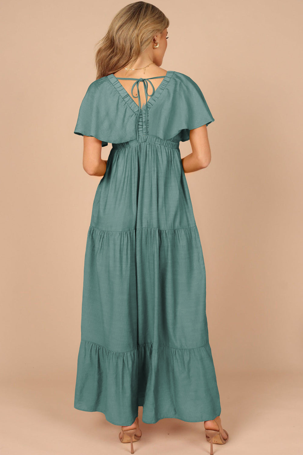 Green Textured V Neck Flutter Sleeve Ruffled Long Dress Maxi Dresses JT's Designer Fashion