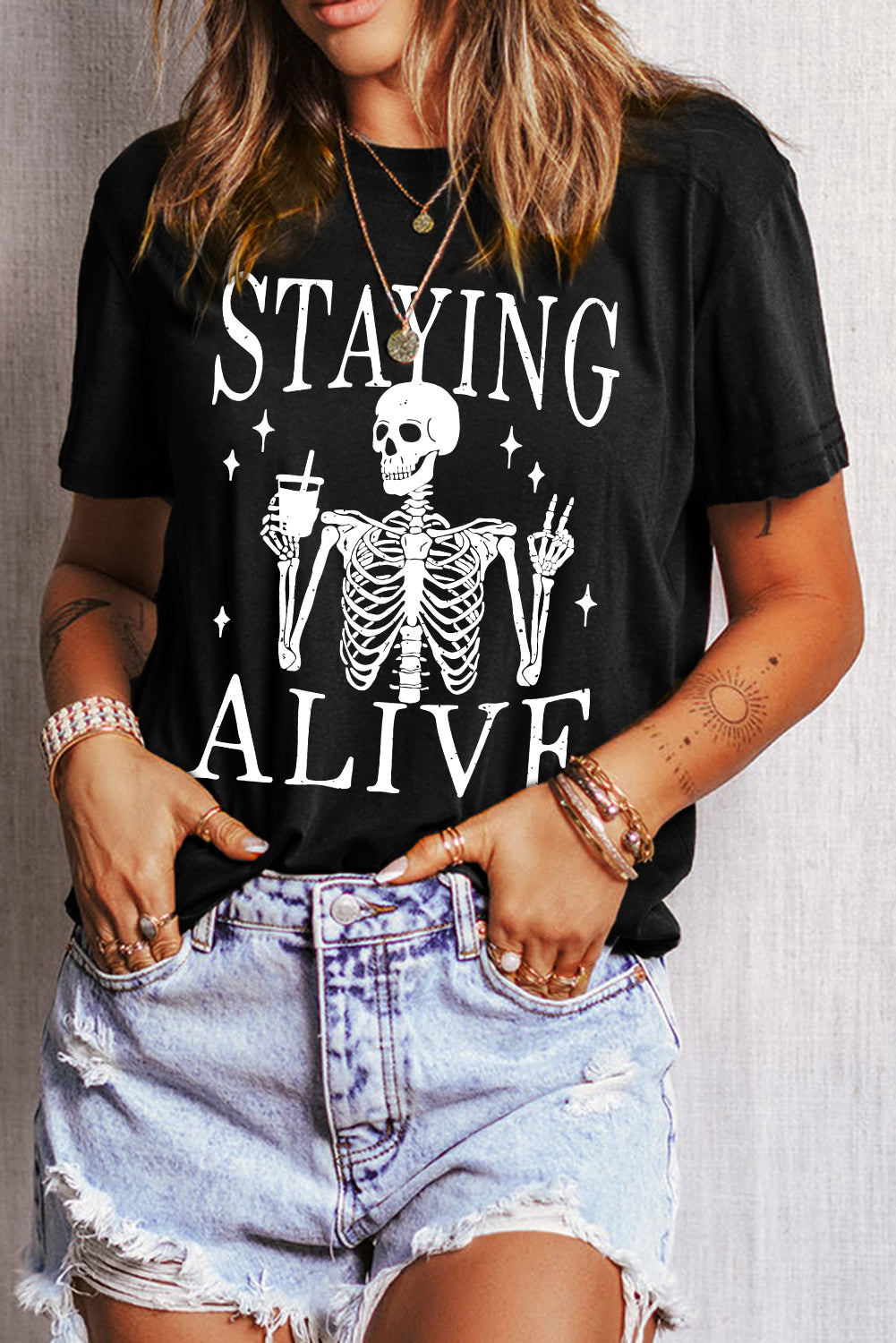 Black STAYING ALIVE Funny Skeleton Print Round Neck T Shirt Graphic Tees JT's Designer Fashion