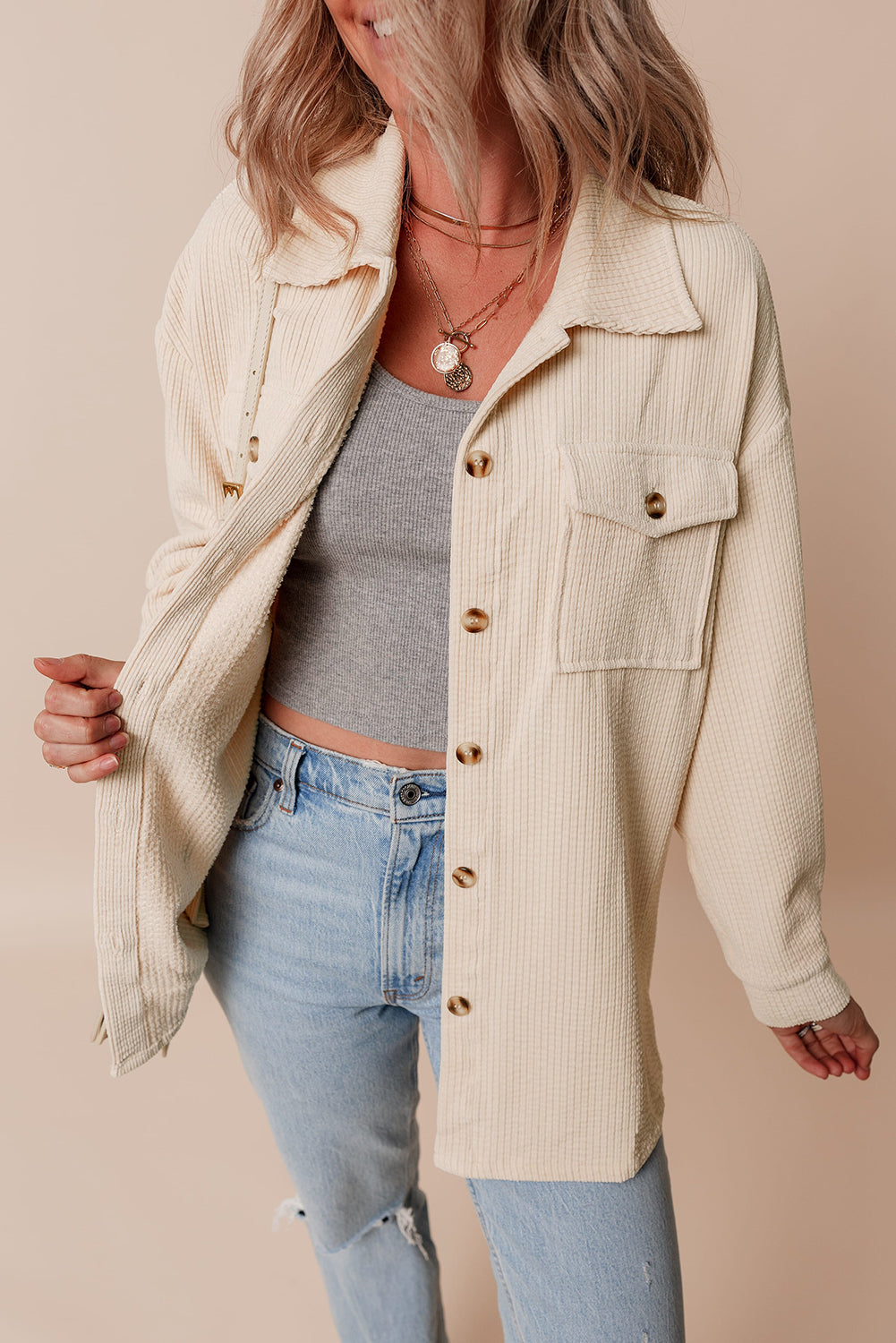 Oatmeal Corduroy Flap Pocket Button Up Shacket Jackets JT's Designer Fashion