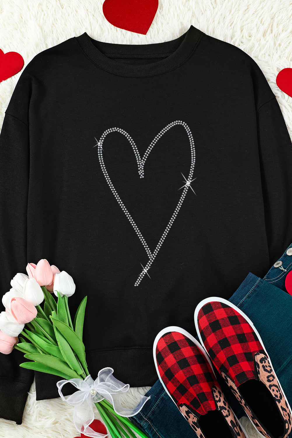 Black Rhinestone Heart Pattern Valentines Fashion Sweatshirt Graphic Sweatshirts JT's Designer Fashion