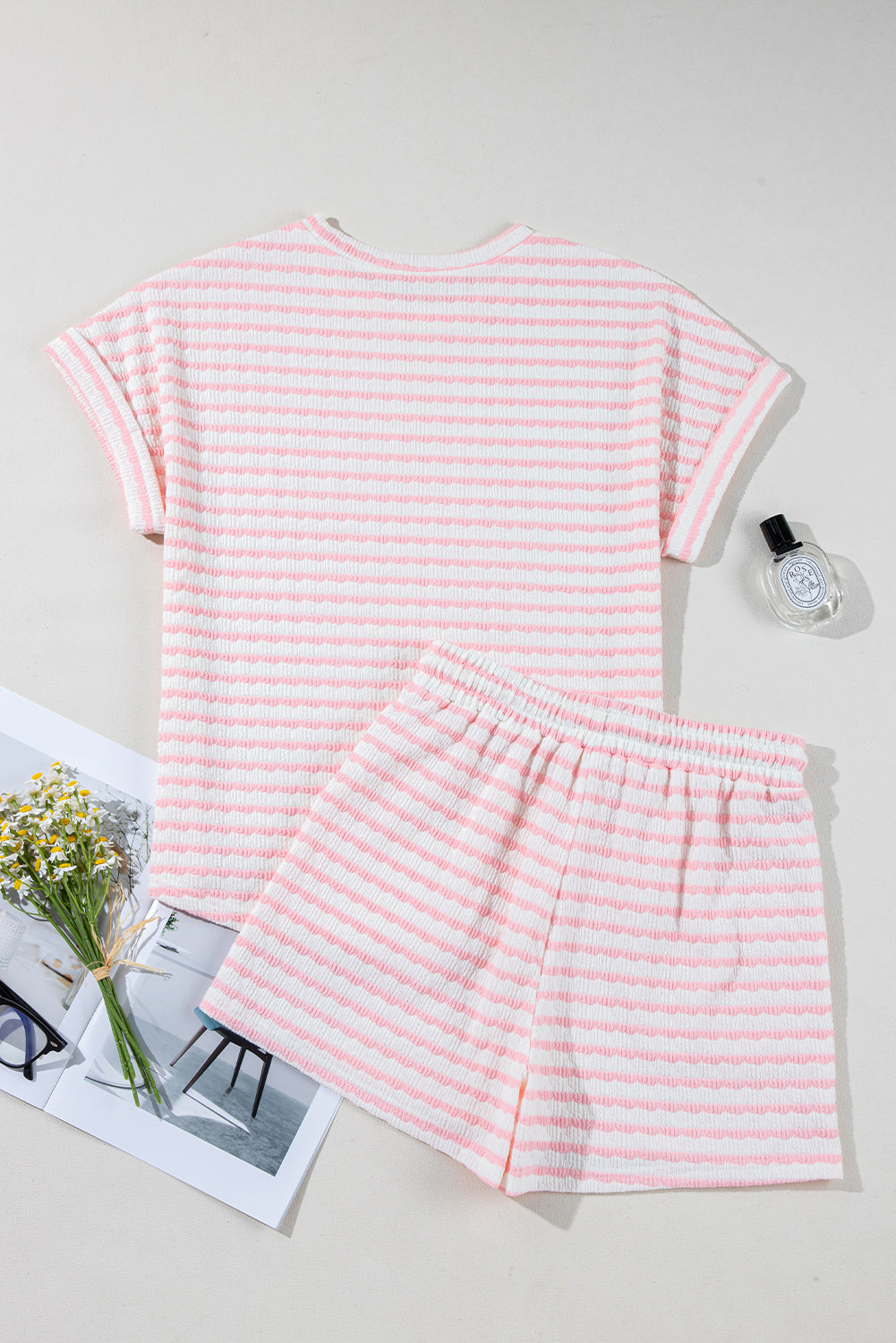 Pink Stripe Knitted Short Sleeve Top and Drawstring Shorts Set Short Sets JT's Designer Fashion
