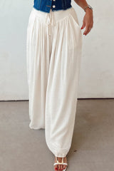 White Casual Tie Waist Pleated Wide Leg Pants Pants & Culotte JT's Designer Fashion