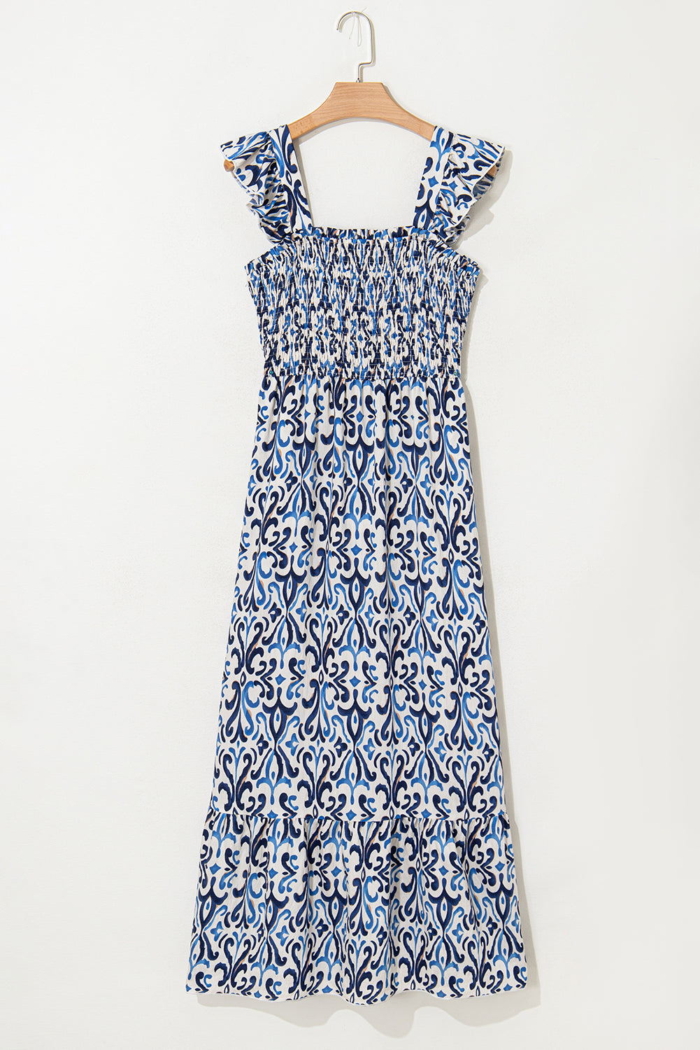 Sky Blue Boho Print Smocked High Waist Long Dress Maxi Dresses JT's Designer Fashion