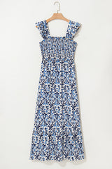 Sky Blue Boho Print Smocked High Waist Long Dress Maxi Dresses JT's Designer Fashion