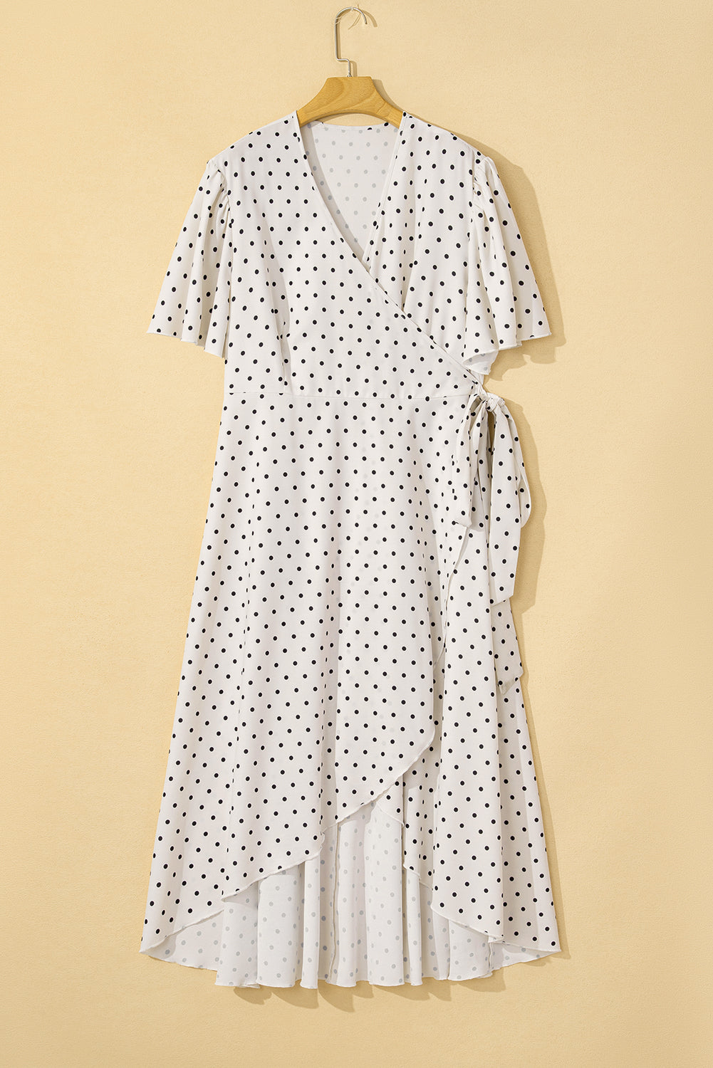 Khaki Polka Dot Surplice V Neck Tied Waist Flutter Sleeve Flowy Plus Size Midi Dress Plus Size Midi Dresses JT's Designer Fashion