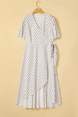 Khaki Polka Dot Surplice V Neck Tied Waist Flutter Sleeve Flowy Plus Size Midi Dress Plus Size Midi Dresses JT's Designer Fashion