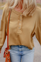 Camel Textured Knit Half Button Drop Shoulder Oversized Top Long Sleeve Tops JT's Designer Fashion