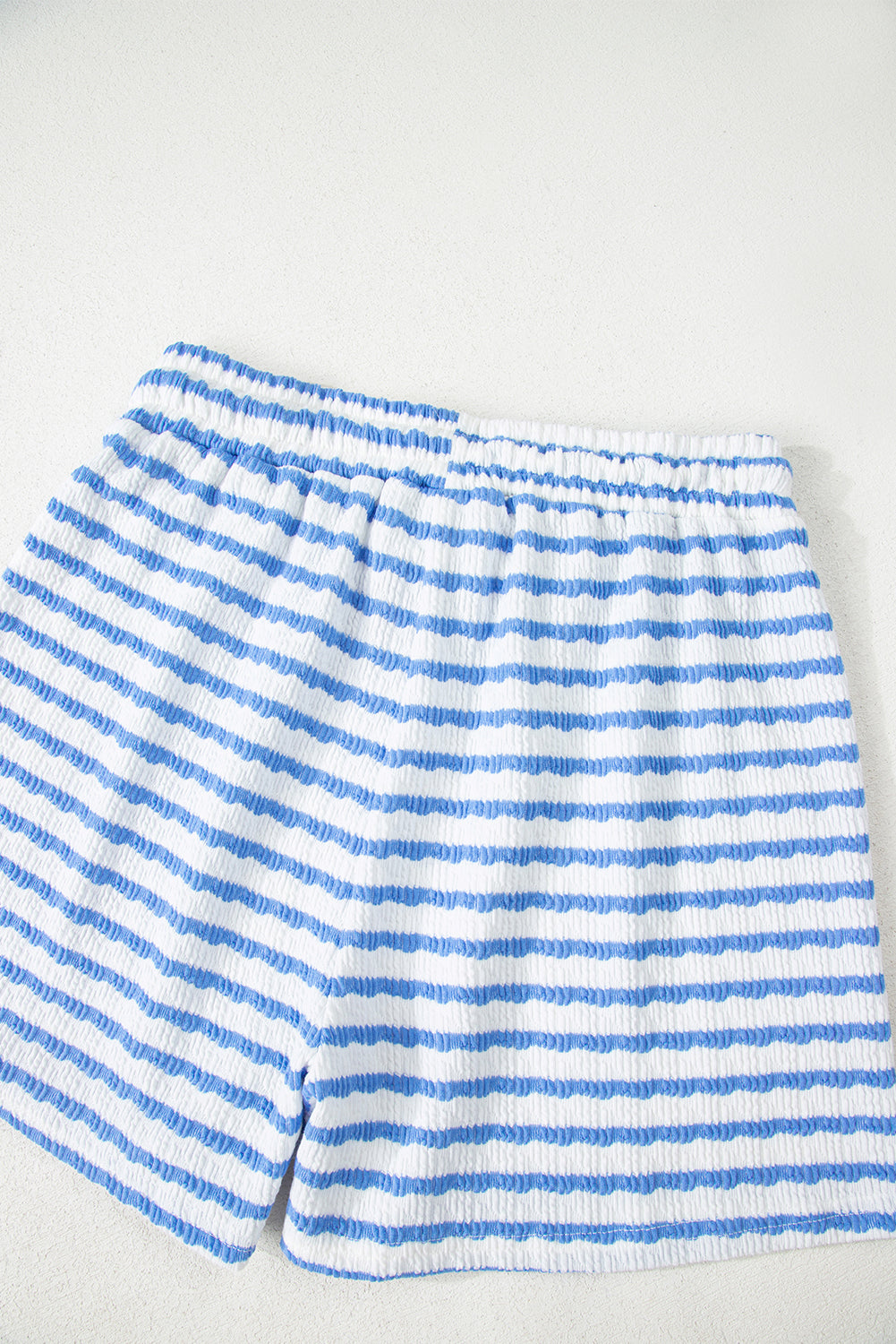 Sky Blue Stripe Knitted Short Sleeve Top and Drawstring Shorts Set Short Sets JT's Designer Fashion