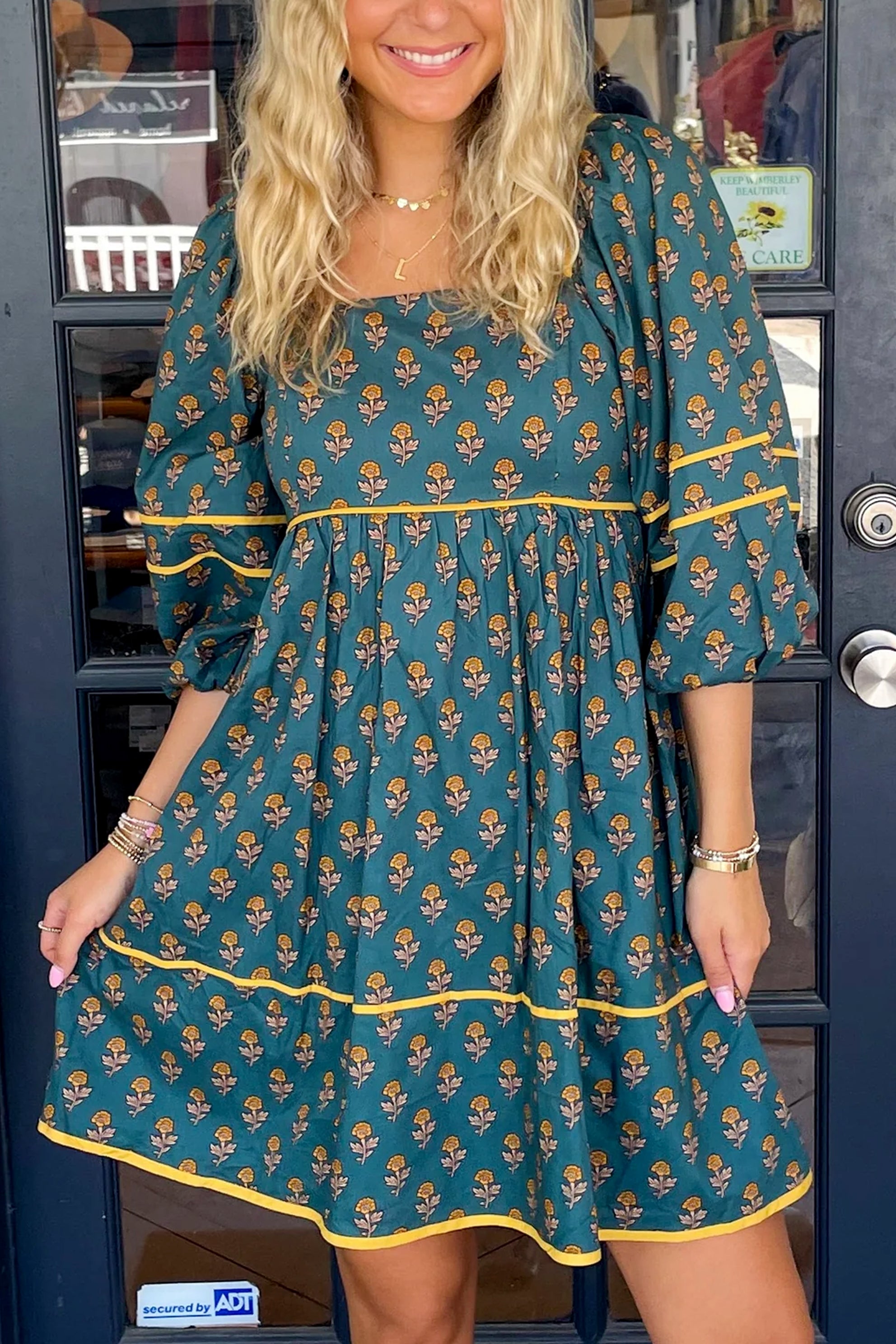 Skobeloff Floral Contrast Trim Square Neck Puff Sleeve Dress Floral Dresses JT's Designer Fashion