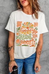 White FOREVER CHASING SUNSETS Floral Print T Shirt Graphic Tees JT's Designer Fashion