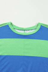 Blue Colorblock Striped Drop Shoulder Loose Top Long Sleeve Tops JT's Designer Fashion