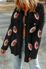 Black Sequined Rugby Flap Pockets Buttoned Shacket Jackets JT's Designer Fashion