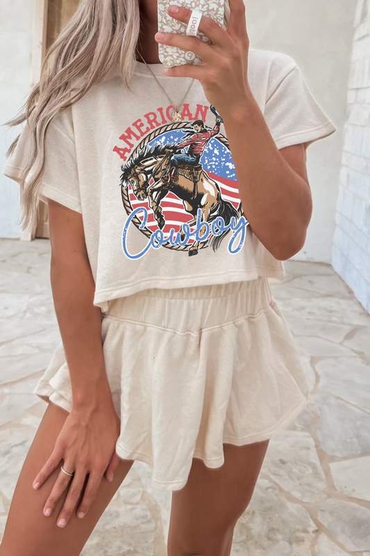Beige American Cowboy Western Graphic Tee and Ruffle Skort 2pcs Set Beige 75%Polyester+20%Cotton+5%Elastane Graphic Sets JT's Designer Fashion
