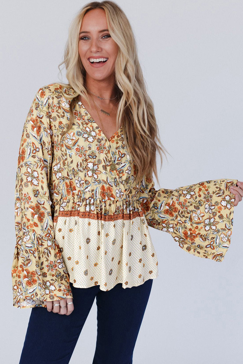 Yellow Printed Floral Bell Sleeve V Neck Wrapped Contrast Peplum Blouse Blouses & Shirts JT's Designer Fashion