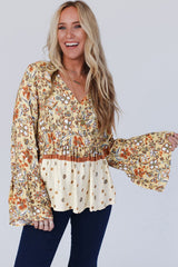 Yellow Printed Floral Bell Sleeve V Neck Wrapped Contrast Peplum Blouse Blouses & Shirts JT's Designer Fashion