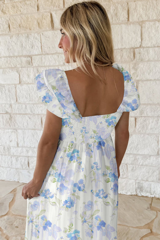 Sky Blue Floral Smocked High Waist Double Ruffle Sleeveless Long Dress Maxi Dresses JT's Designer Fashion