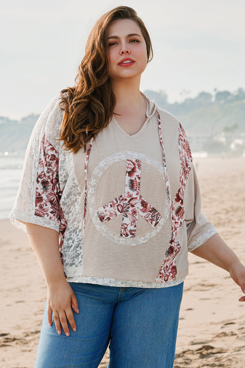 Khaki V Neck Floral Peace Sign Graphic Lace Patch Ribbed Plus Size Hooded Top Plus Size Tops & Tees JT's Designer Fashion
