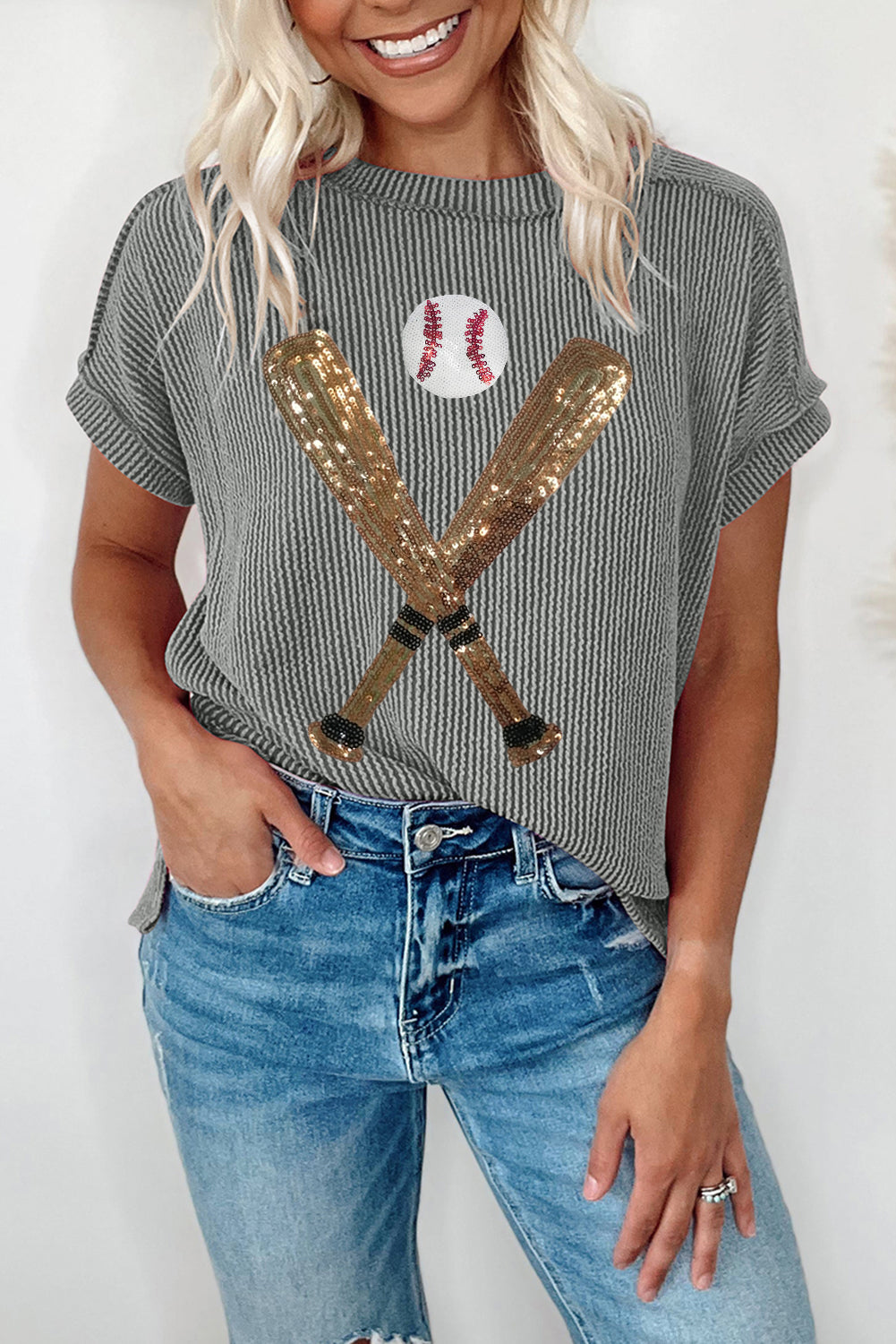 Medium Grey Sequin Baseball Pattern Ribbed Knit Crewneck T Shirt Graphic Tees JT's Designer Fashion