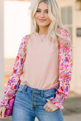 Oatmeal Floral Printed Patchwork Smocked Lantern Sleeve Knit Top Sweaters JT's Designer Fashion