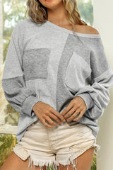 Gray Contrast Patchwork Double Chest Pocket Top Long Sleeve Tops JT's Designer Fashion