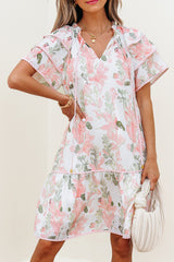 Pink Floral Contrast Edge Layered Short Sleeve Mini Dress Floral Dresses JT's Designer Fashion