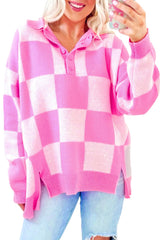 Pink Checkerboard Half Button Collared Drop Shoulder Sweater Sweaters JT's Designer Fashion