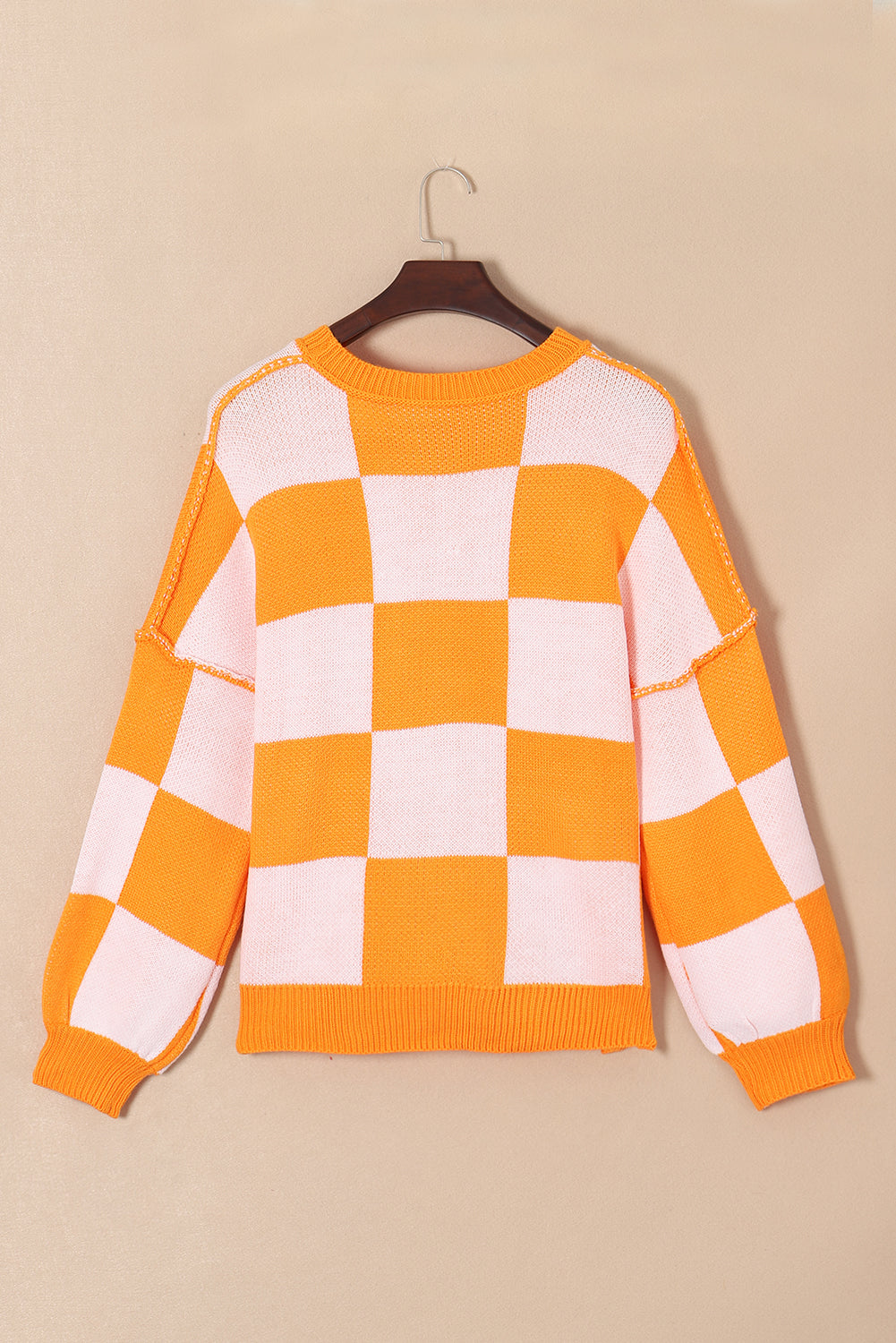 Orange Checkered Bishop Sleeve Sweater Sweaters & Cardigans JT's Designer Fashion