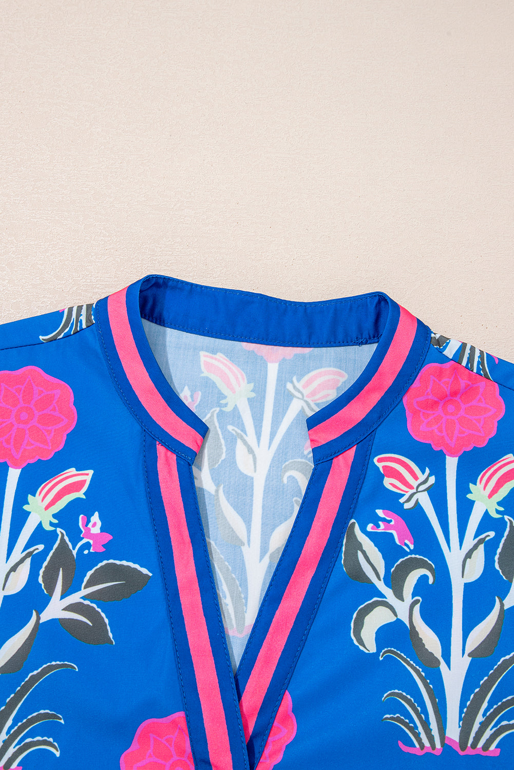 Blue Floral Print Contrast Striped Trim Notched Neck Long Sleeve Blouse Blouses & Shirts JT's Designer Fashion