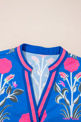 Blue Floral Print Contrast Striped Trim Notched Neck Long Sleeve Blouse Blouses & Shirts JT's Designer Fashion