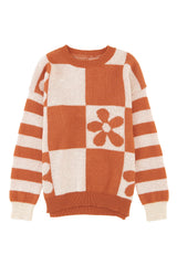 Brown Checkered Floral Print Striped Sleeve Sweater Sweaters JT's Designer Fashion
