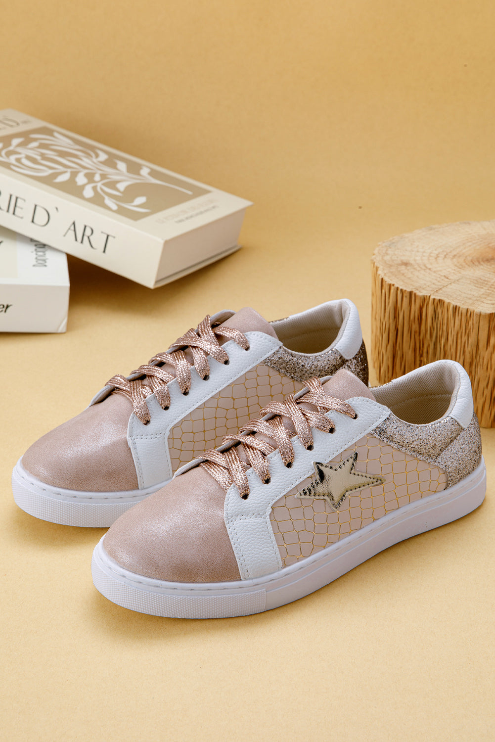 Gold Glitter Star Patchwork Leather Lace-up Sneakers Women's Shoes JT's Designer Fashion