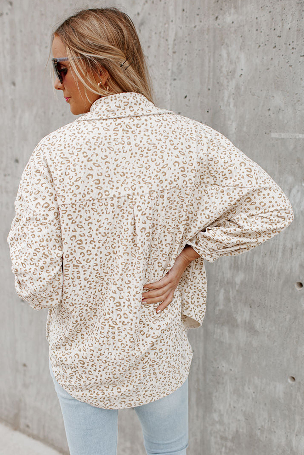 Beige Leopard Print Flap Pockets Buttoned Corduroy Shacket Jackets JT's Designer Fashion