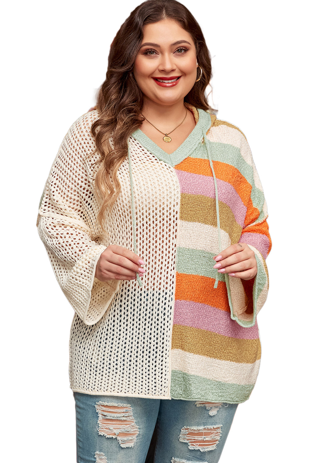 Beige Pointelle Knit Colorblock Patchwork V Neck Hooded Plus Sweater Plus Size Sweaters & Cardigans JT's Designer Fashion