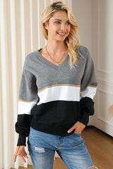 Gray Colorblock V Neck Sweater Sweaters & Cardigans JT's Designer Fashion