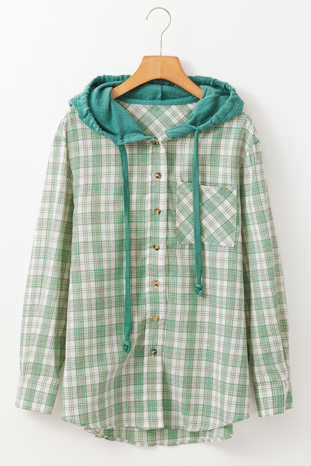 Green Checkered Print Loose Fit Buttoned Hooded Shacket Plaid Shackets JT's Designer Fashion