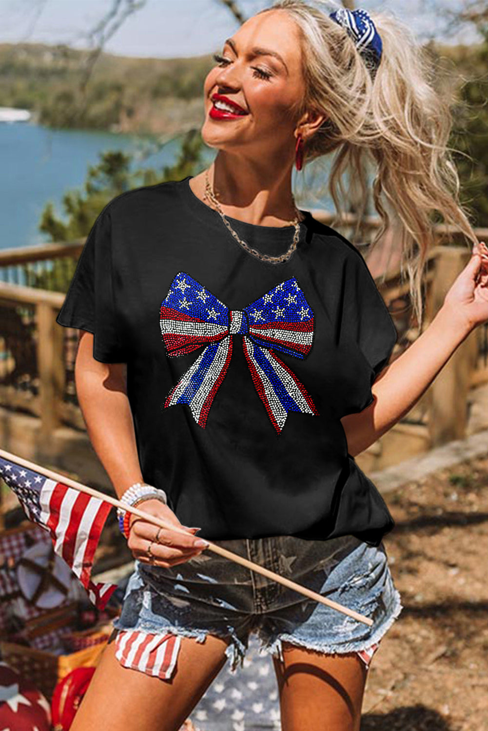 Black Rhinestone Stars and Stripes Bow Graphic Independence Day T Shirt Graphic Tees JT's Designer Fashion