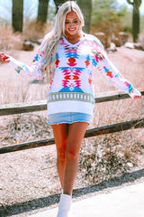 White Oversize Aztec Print High Low V Neck Sweater Sweaters JT's Designer Fashion