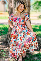 White Floral Square Neck Puff Sleeve Flowy Plus Size Midi Dress Plus Size Midi Dresses JT's Designer Fashion