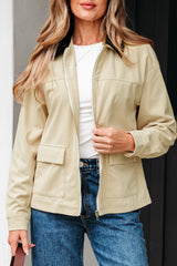 Parchment Contrast Leather Collar Textured Zip Up Jacket Jackets JT's Designer Fashion