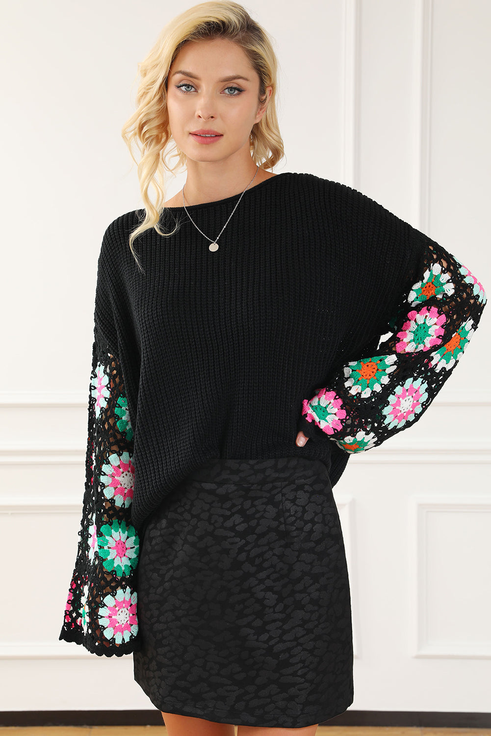 Black Floral Crochet Bell Sleeve Loose Sweater Sweaters JT's Designer Fashion
