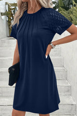 Navy Blue Contrast Lace Raglan Sleeve Pleated Detail Shift Dress T Shirt Dresses JT's Designer Fashion