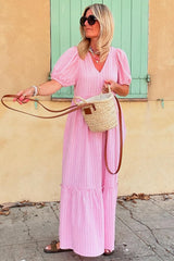 Pink Stripe V Neck Puff Short Sleeve Long Dress Maxi Dresses JT's Designer Fashion