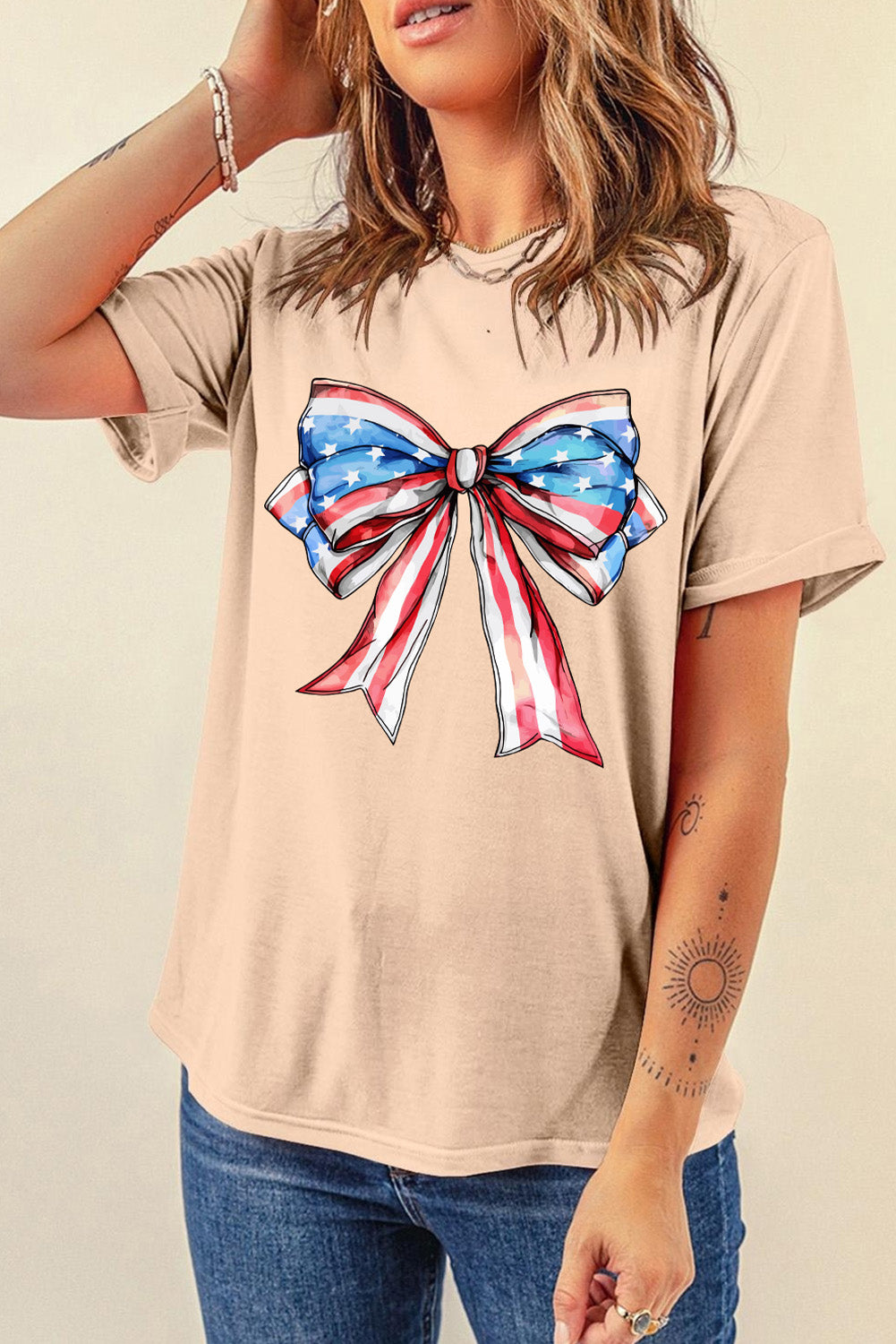 Khaki American Flag Bow Knot Print Round Neck T Shirt Graphic Tees JT's Designer Fashion