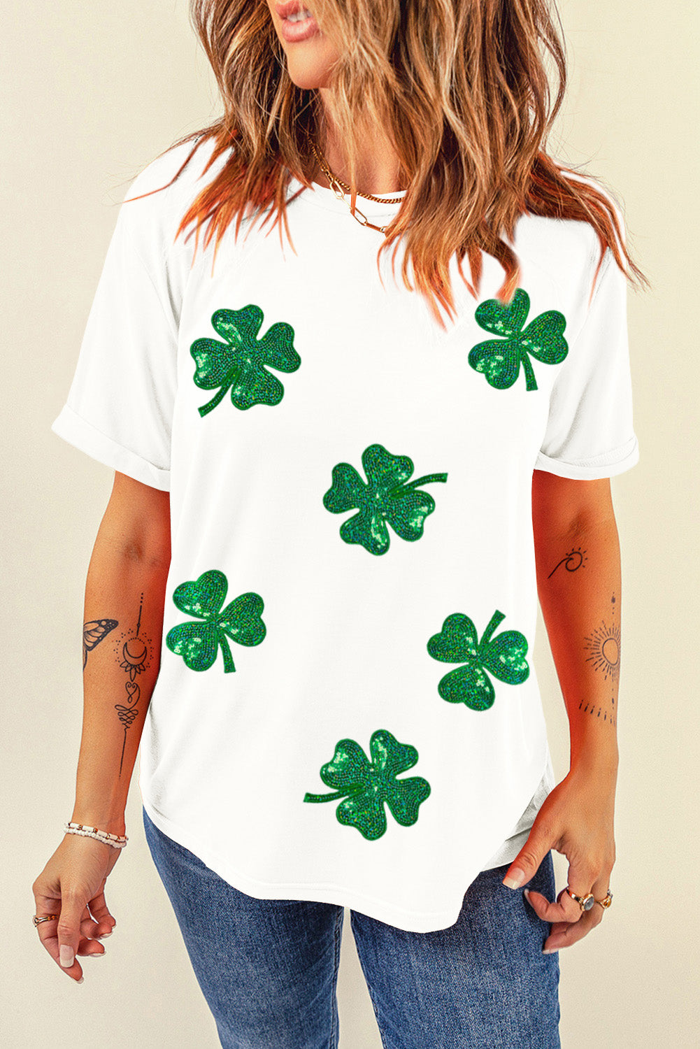 White Sequin Lucky Clover Graphic Crewneck Tee Graphic Tees JT's Designer Fashion